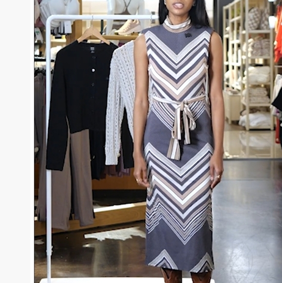 Ramy Brook Medium Dress Chevron Sleeveless Dress Midi Slit Belted Sash - Picture 10 of 10